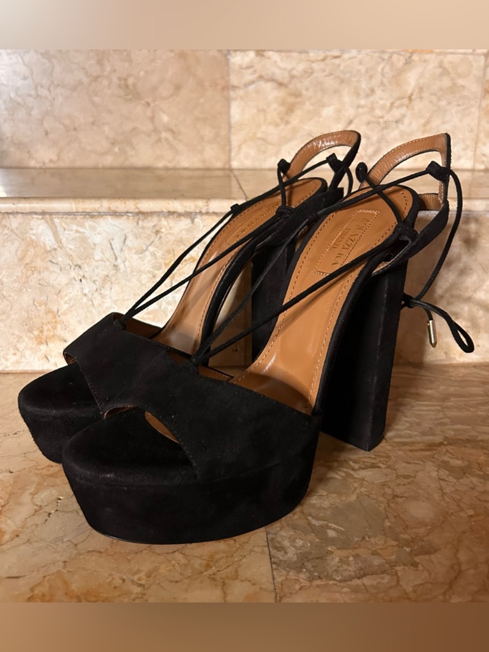 Aquazzura Firenze black suede lace up platform heels
